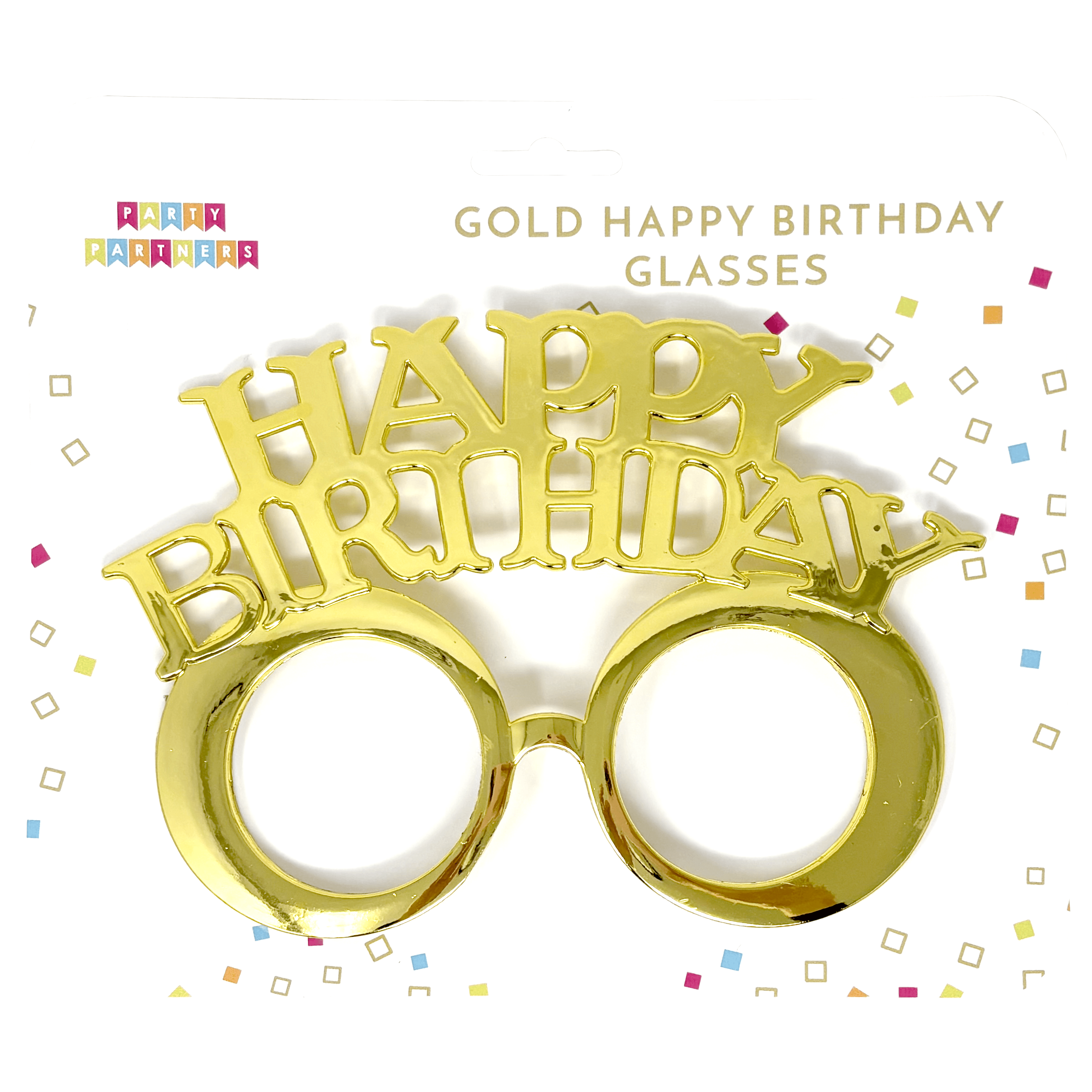 Gold HB party hat with "Glasses" design from Party Partners, featuring shiny gold color and festive party hat style.